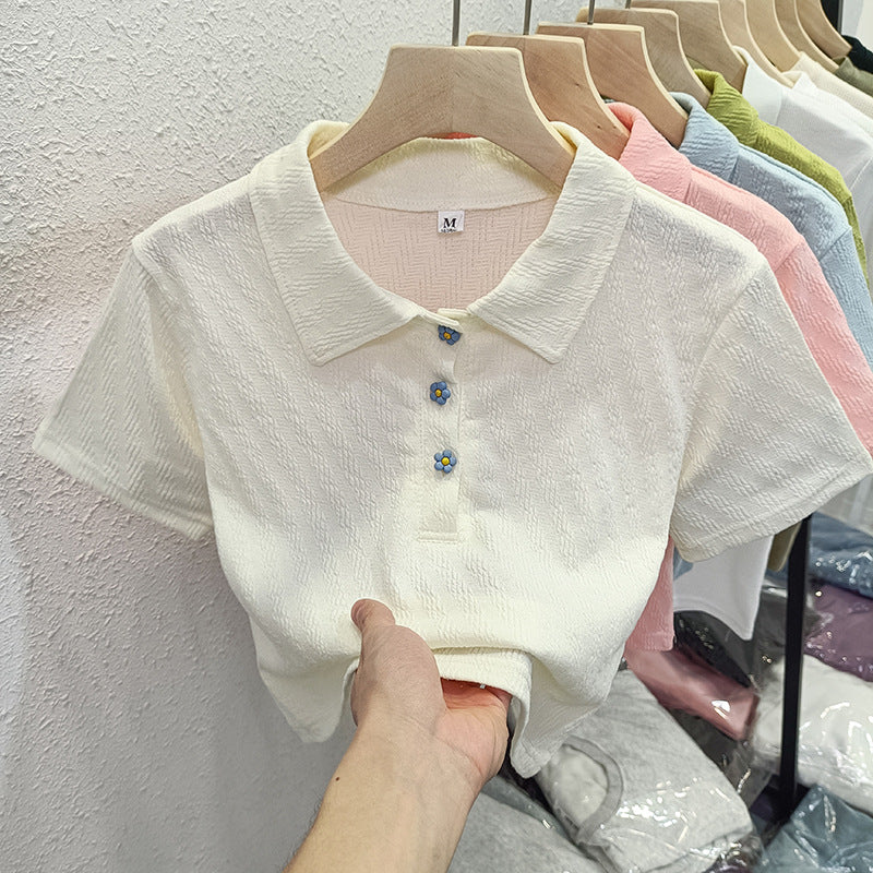 Dame Struktureret Korte Ærmer Polo T-shirt med Blomsterknapper Stilla