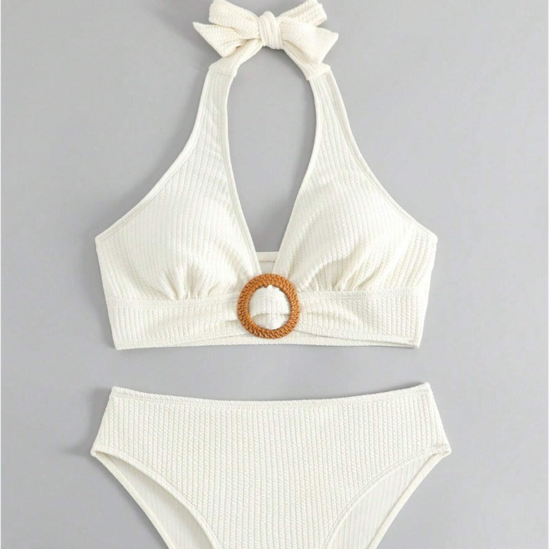 Femme Højkrave Rib-Halter Bikini Sæt Stilla