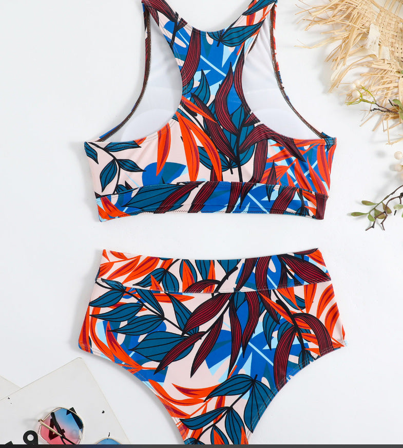 Dame Sport-Bikini-Sæt med moderne bladmønstre og høj talje Stilla