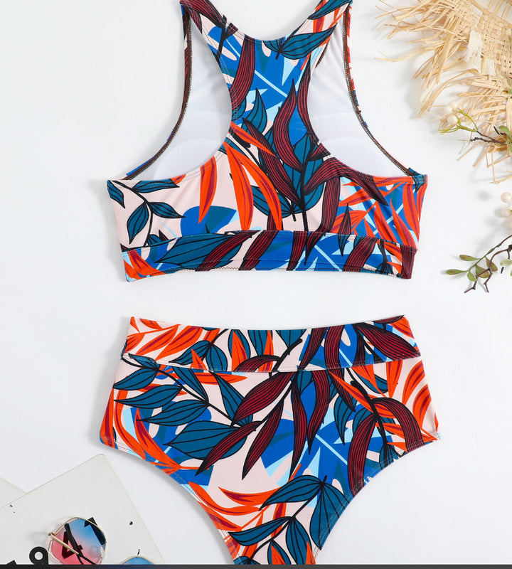 Dame Sport-Bikini-Sæt med moderne bladmønstre og høj talje Stilla