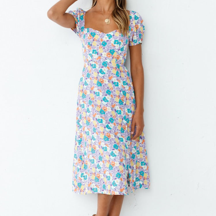 Dame Floral Puffærmer Midi Kjole Stilla