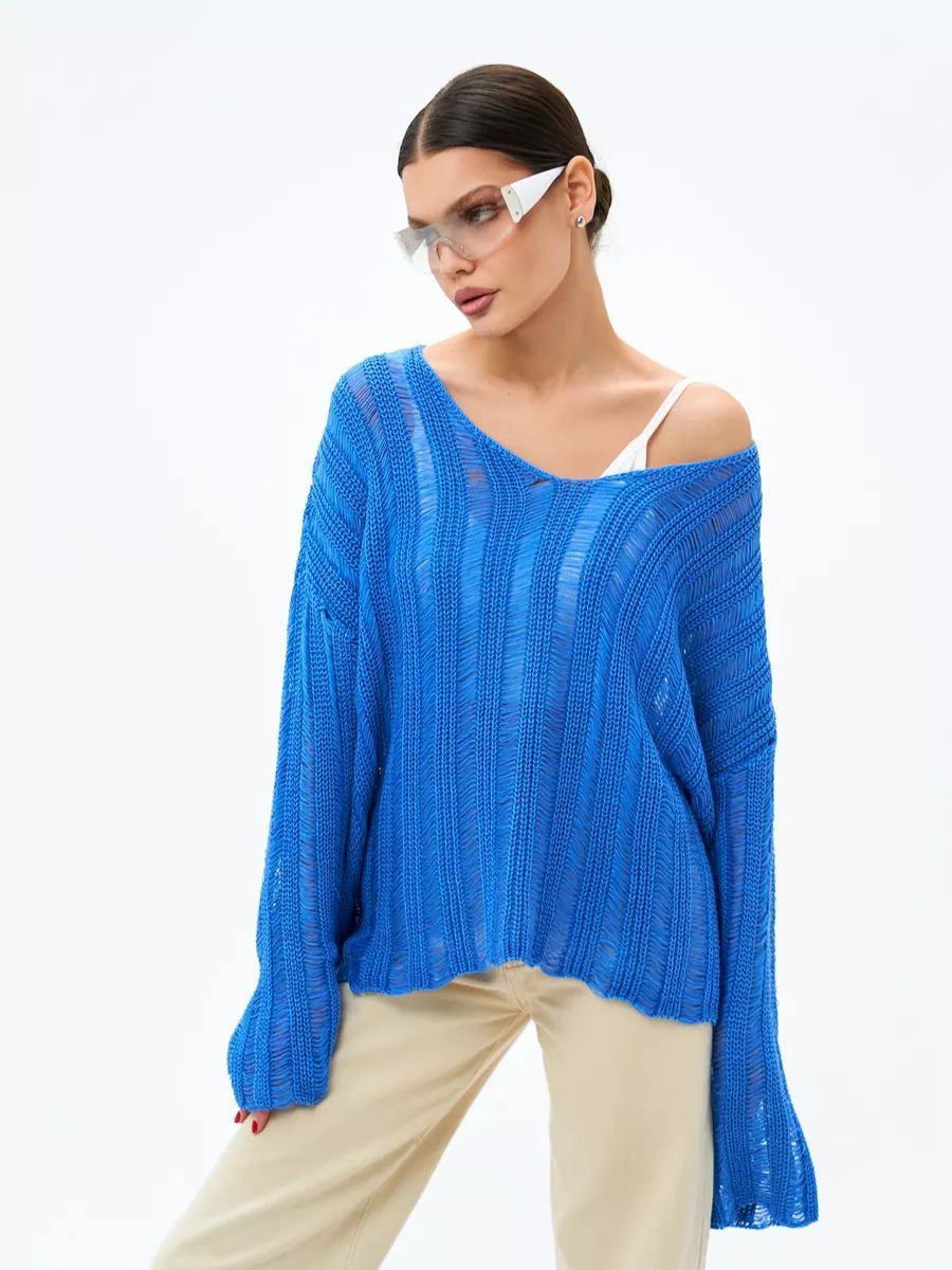 Dame store størrelse sweater i let strikmateriale med raffineret hulmønster Stilla