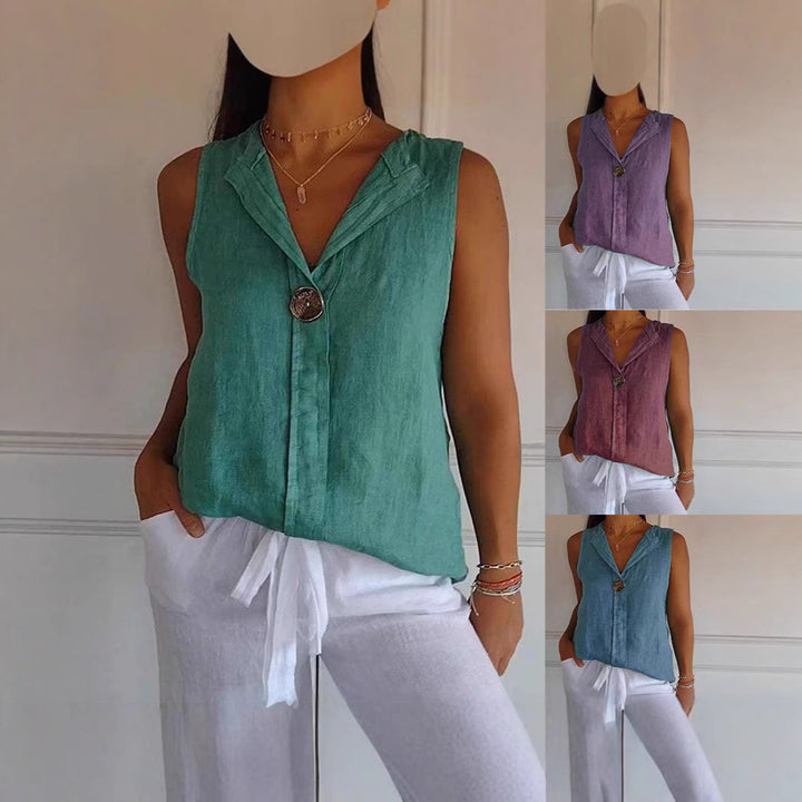 Damer linned blouse med ståkrave og knaplukning Stilla