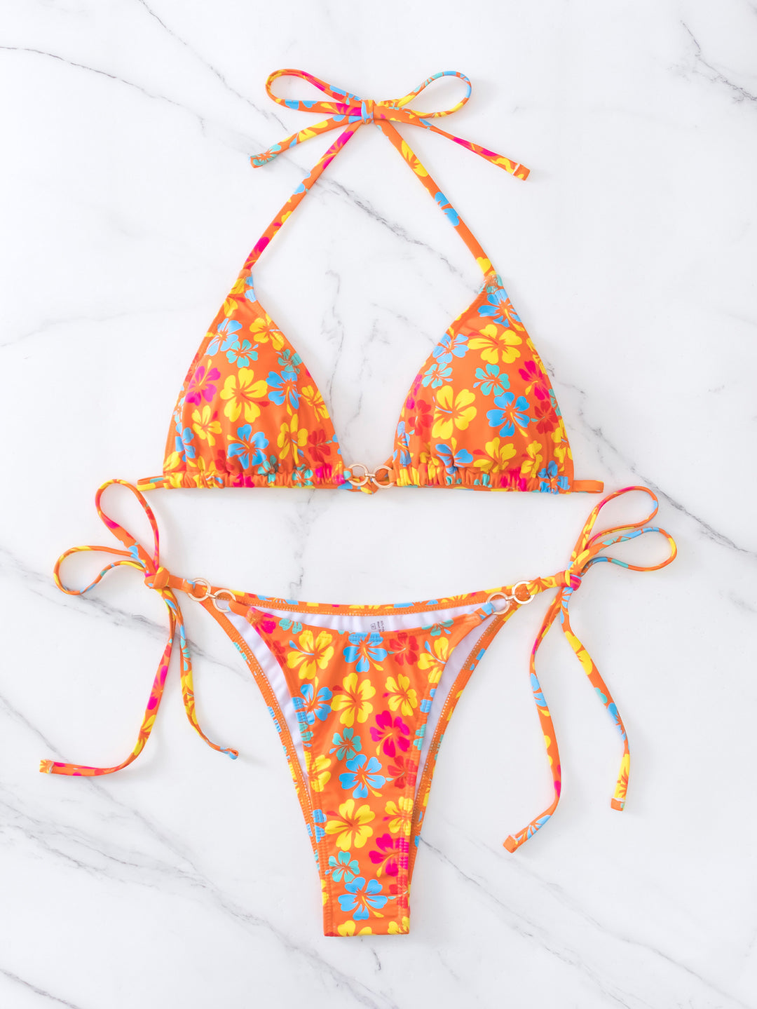 Dame triangel-bikini med blomsterprint og justerbare snore Skovae