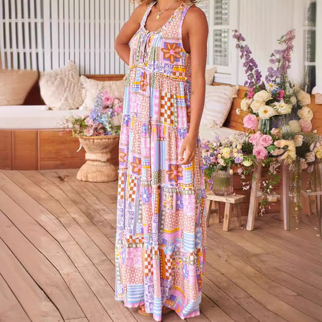 Dame Maxikjole med farverigt patchwork-design Stilla