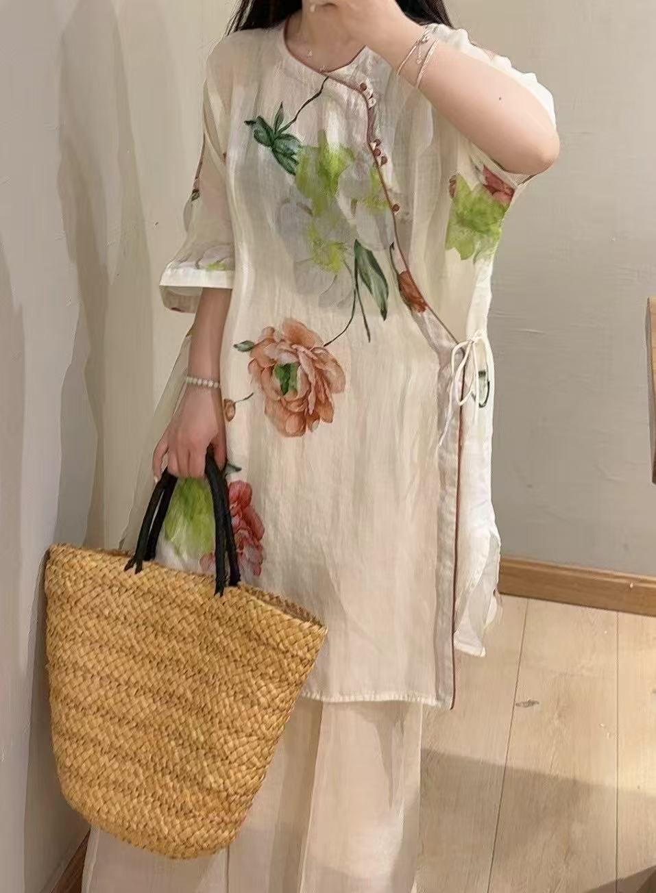 Dame Floral Broderet Linned Tunika Stilla