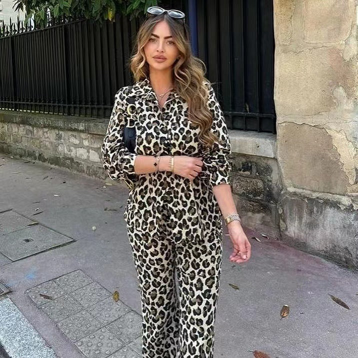 Dame brede linnedbukser i trendy leopardprint Stilla