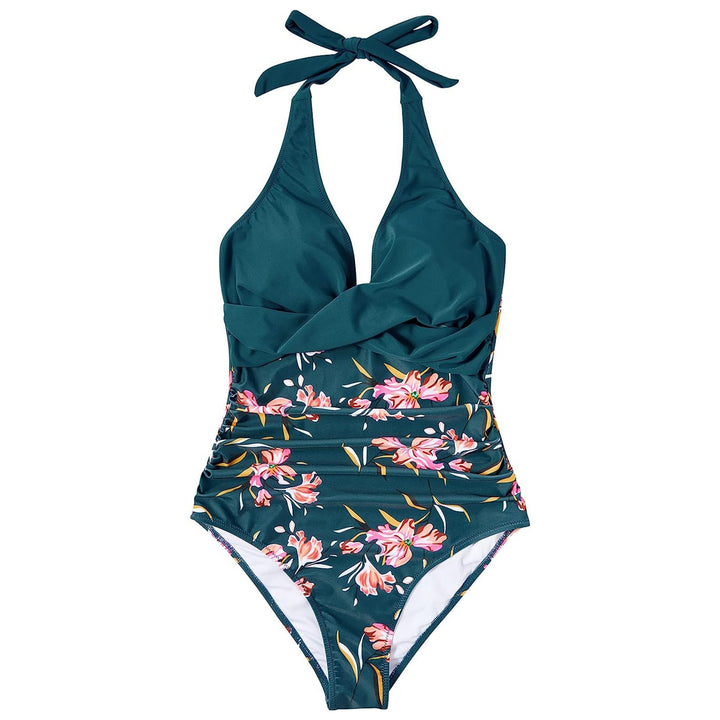 Dame one-piece badedragt med floral indpakningsdesign og justerbare stropper Skovae
