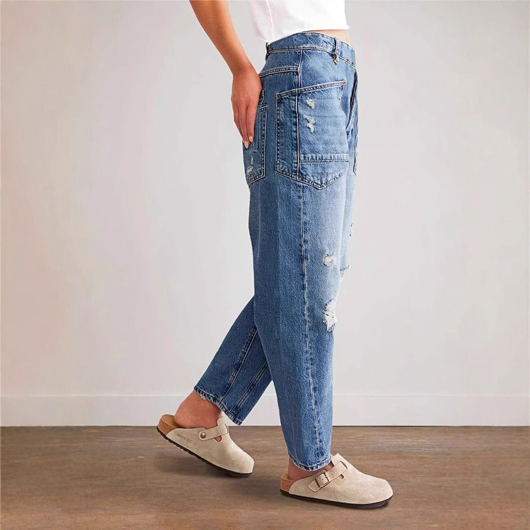 Kvinder's Baggy Jeans i Vintage Look med Ødelagte Detaljer og Cargo Lommer Stilla