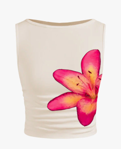 Dame ærmeløs crop-top med blomsterprint og tætsiddende snit Skovae