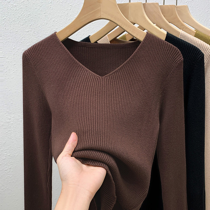 Dame Langærmet V-Udskæring Pullover med fin ribstruktur og elegant pasform Stilla