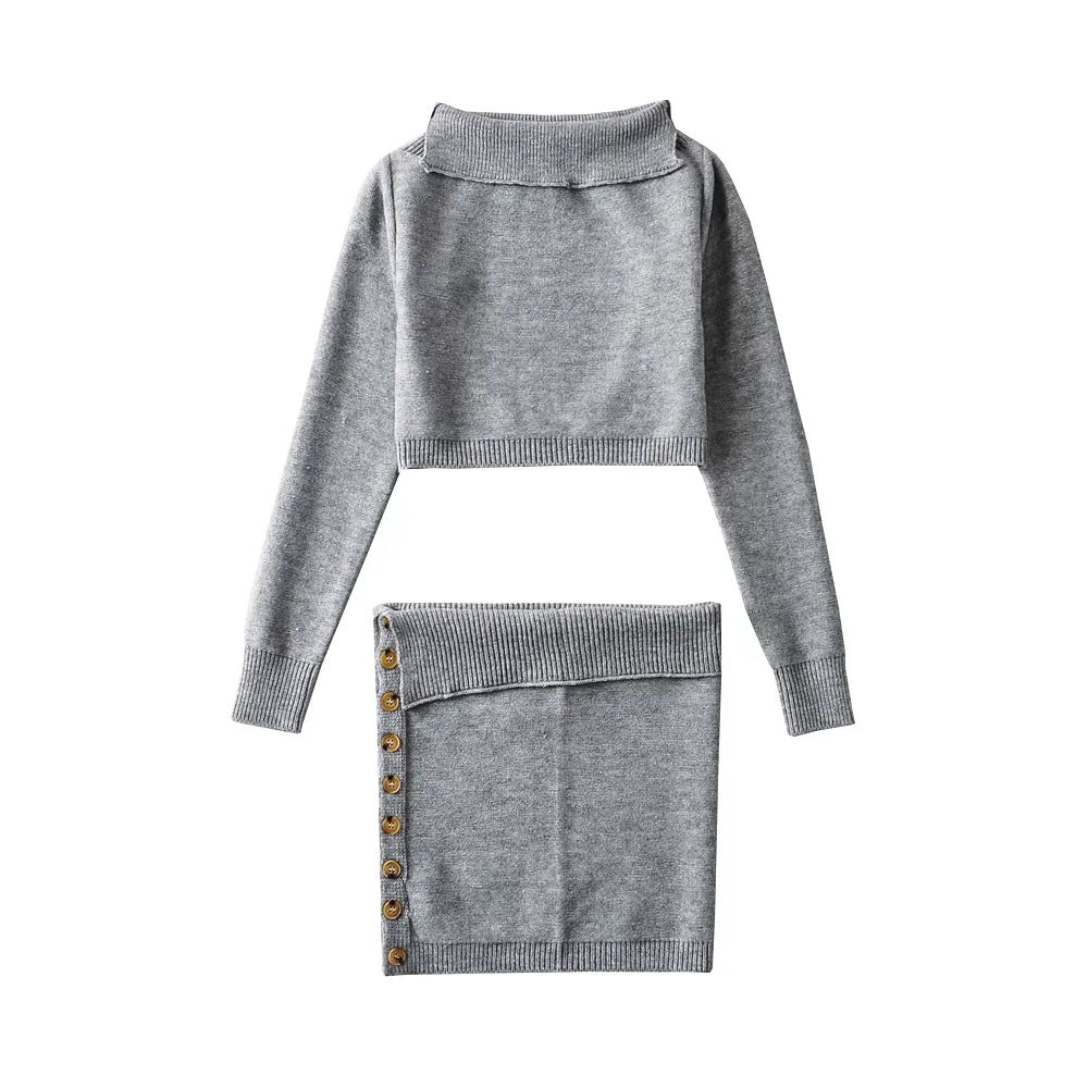 Dame Off-Shoulder Grovstrik Pullover og knaplukket Nederdel Sæt Stilla