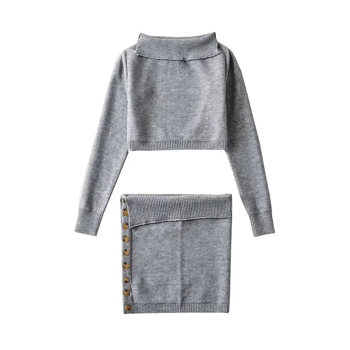 Dame Off-Shoulder Grovstrik Pullover og knaplukket Nederdel Sæt Stilla