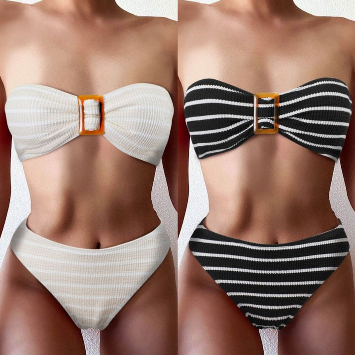 Dame stribet bandeau-bikini-sæt med dekorativ spænde Stilla