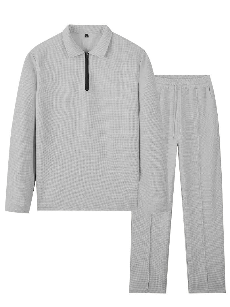 Unisex nan Vaffelstruktur Fritids-sæt med Halvzip-Polo-shirt og elastisk Bundbukser Skovae