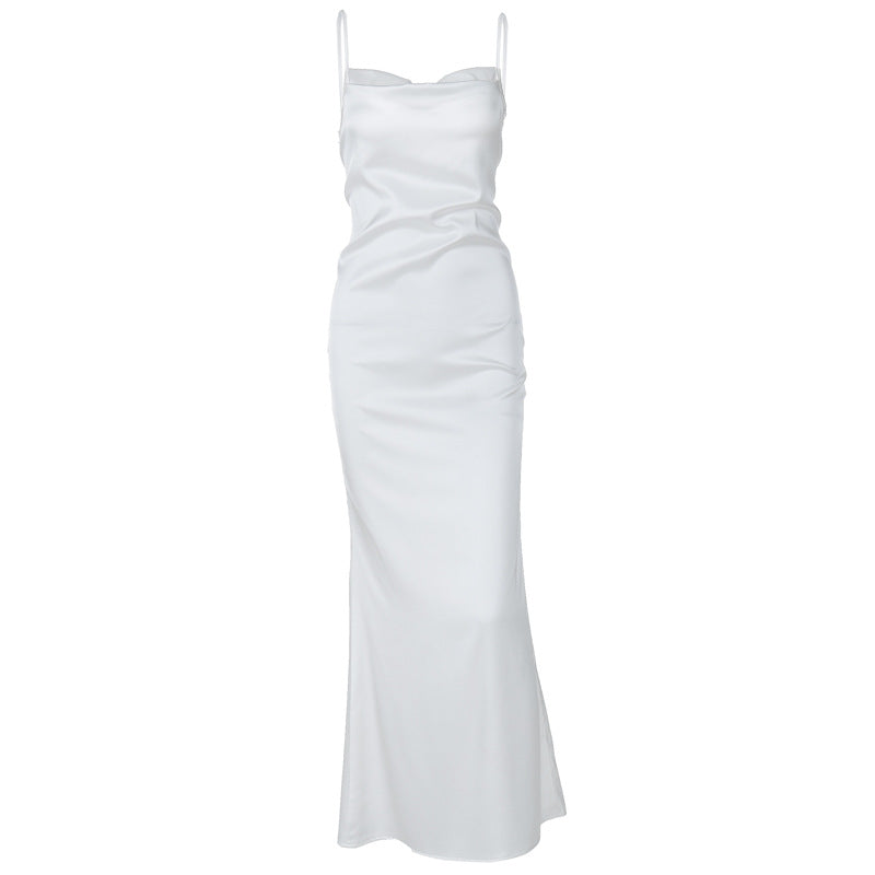 Dame elegant satin maxikjole med smart cowl-udskæring og spaghetti-stropper Stilla
