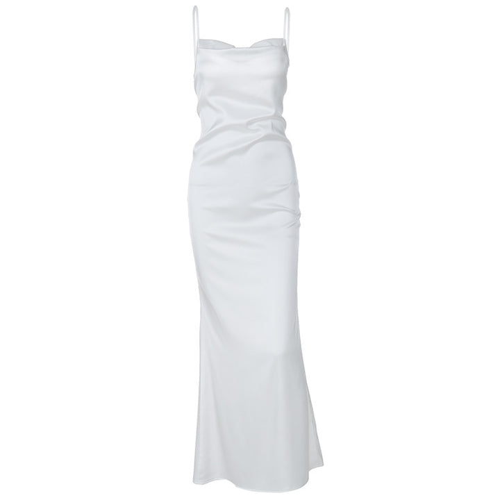 Dame elegant satin maxikjole med smart cowl-udskæring og spaghetti-stropper Stilla