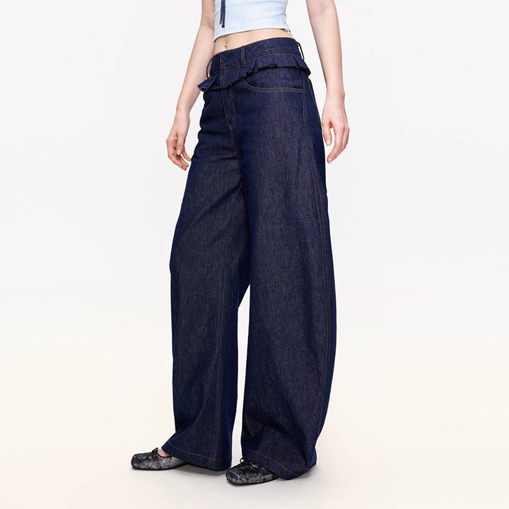 Kvinder brede denim bukser med høj talje og stilfulde plisseringer.