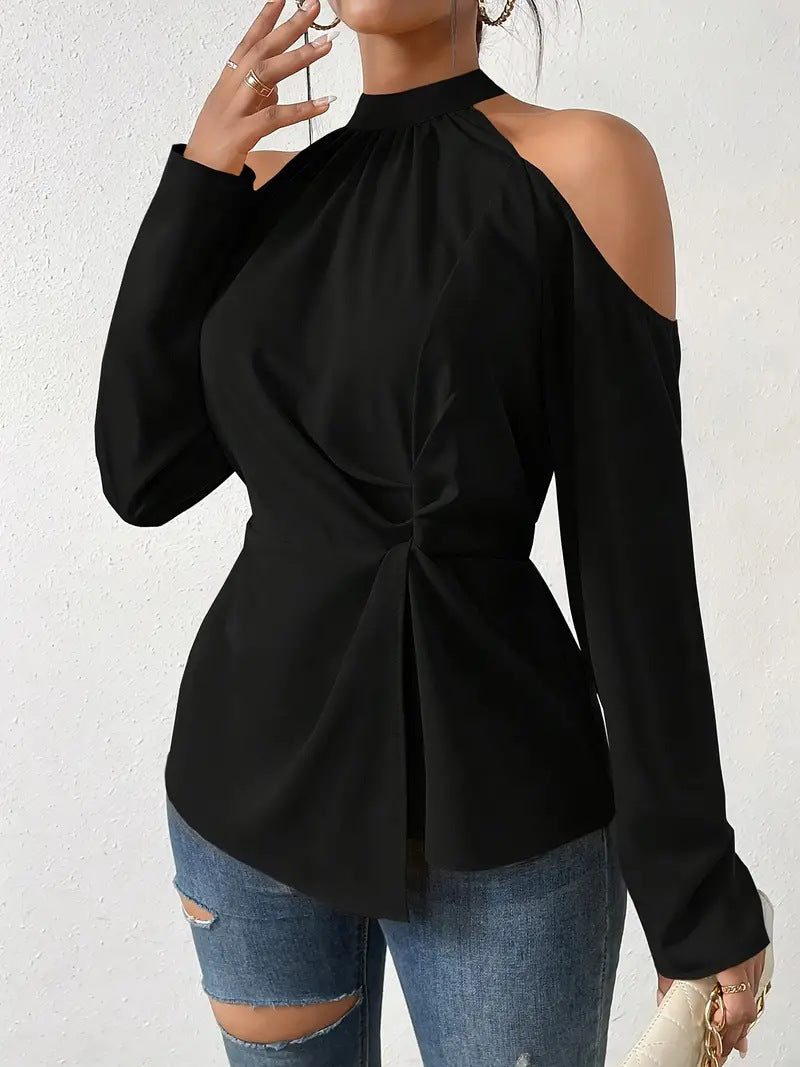 Dame Elegant Bluse med skulderfri detaljer og indpakningsdesign Stilla