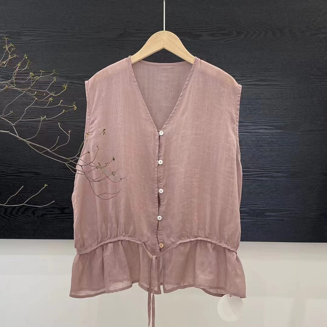 Dame Let Flydende Knapliste Bluse med Peplum Kant Stilla