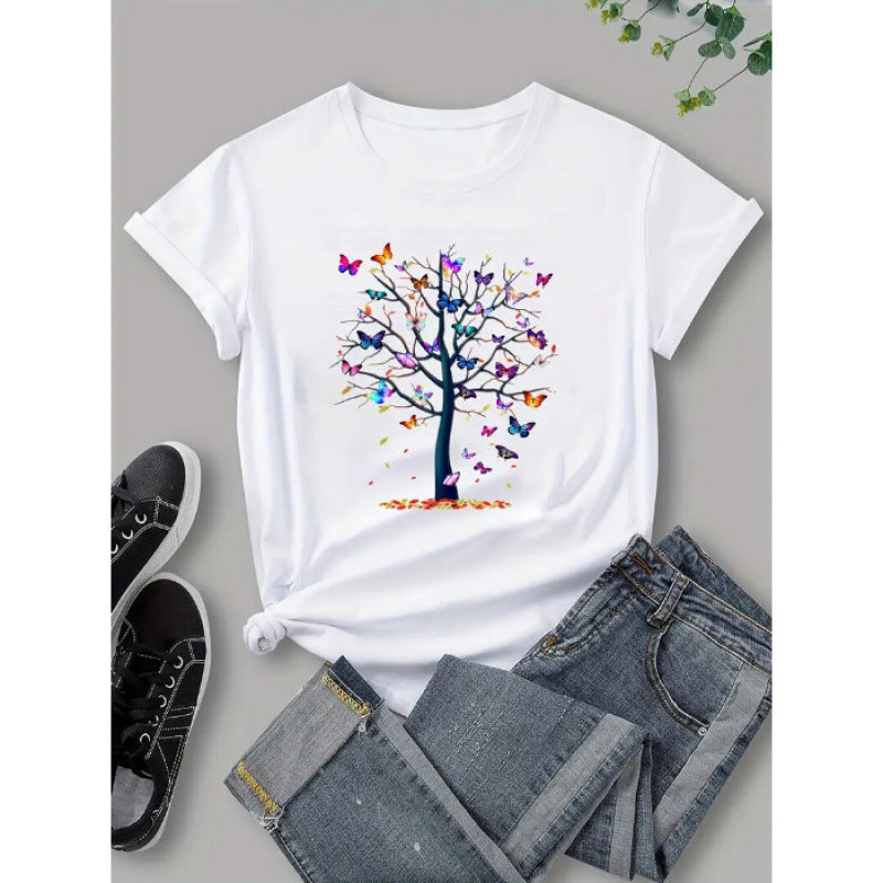 Dame T-shirt med livlig træ- og sommerfugletryk Stilla