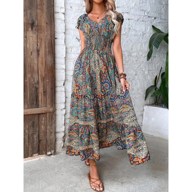 Dame Smocked Bohemian Maxi Kjole med korte ærmer Stilla