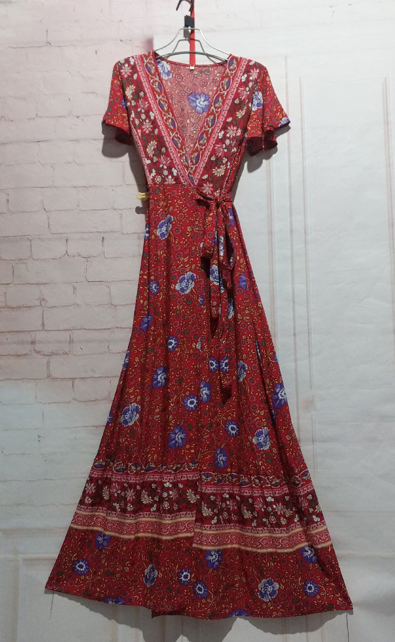 Dame Bohemian Floral Viskestykke Maxi Kjole med Rynket Ærme Stilla