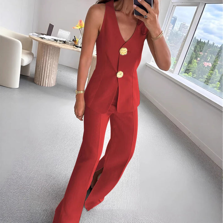 Dame elegant jumpsuit med front knaplukning og bred ben Skovae
