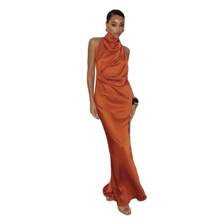 Dame Elegant Maxi Kjole med Høj- Kvalitets Drapering Design og Skinnende Stof Skovae