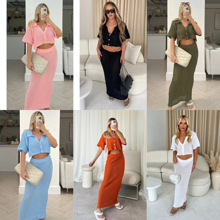 Dame hæklede strandlook med crop-top og maxiskørt Stilla