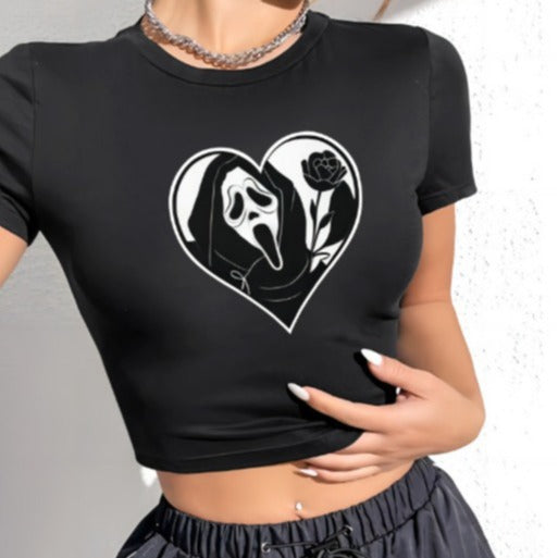 Dame Crop-T-shirt med kreativt tryk og figursyet snit Skovae