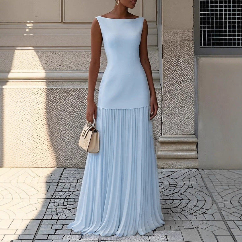 Damer Elegant Maxi Kjole med Højskåret Top og Plisseret Nederdel
