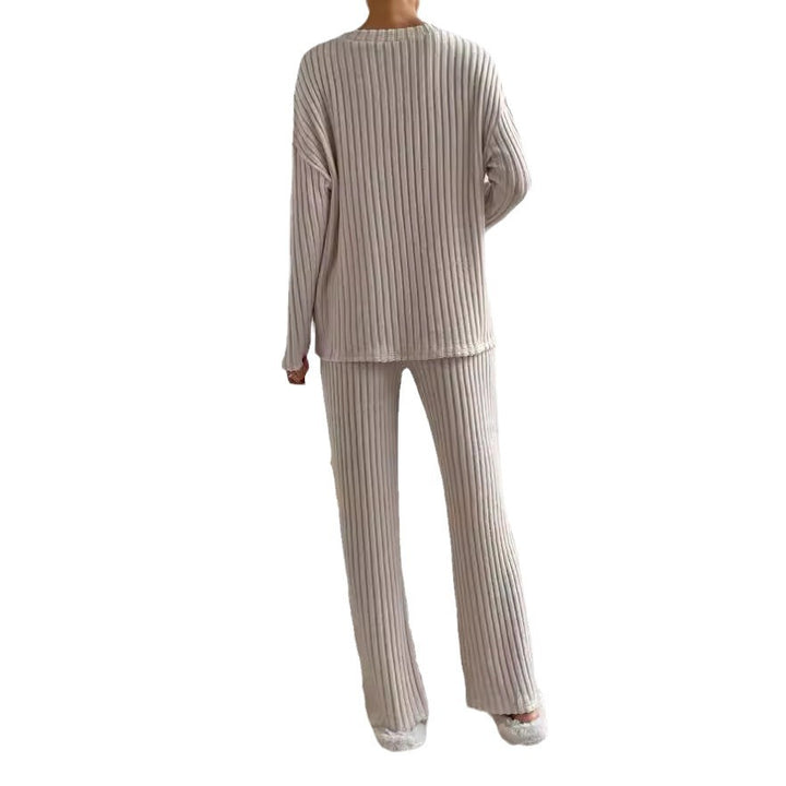 Dame afslappet strik-loungewear-sæt med V-hals og elastisk talje Stilla