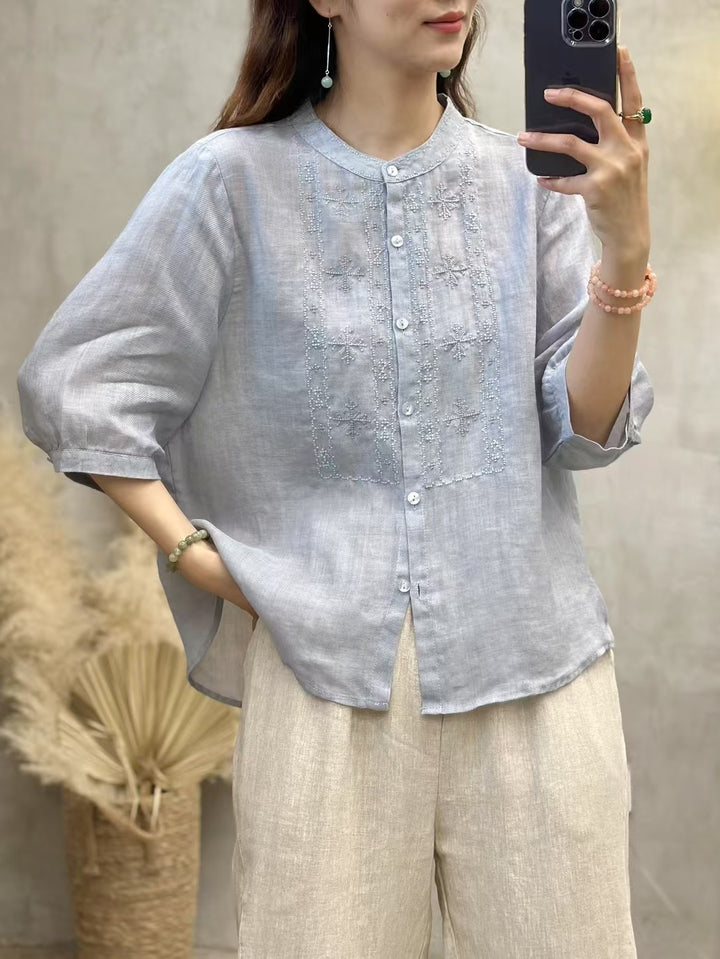 Femme Broderet Linned Knap-Op-Bluse Stilla