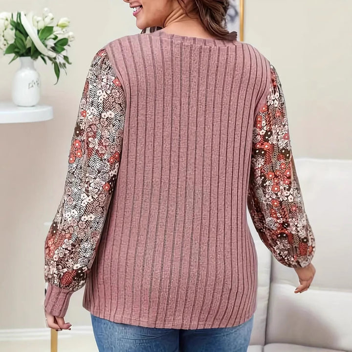 Dame V-hals pullover med blomstrede puffærmer Stilla