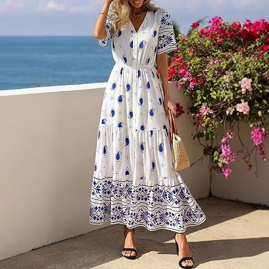 Dame Boho Maxikjole med blomsterprint og taljebelte Skovae