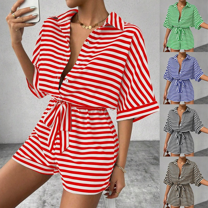 Dame Boxy-shirt og shorts-sæt med stribet design Stilla