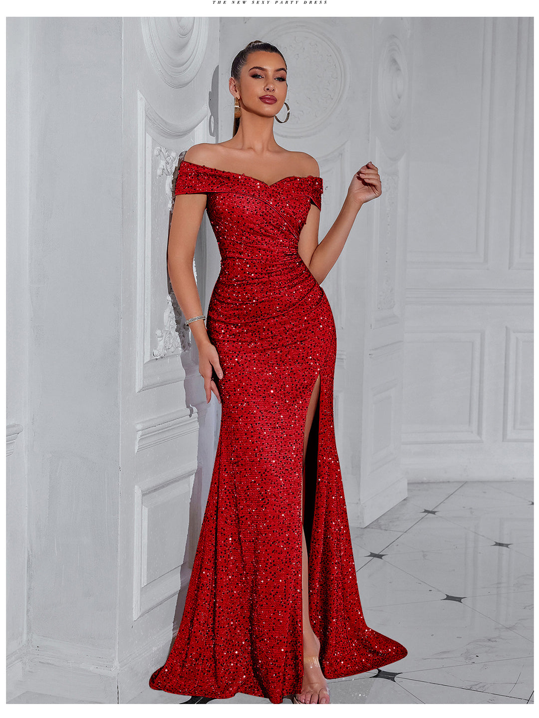 Kvinders elegant aftenkjole med off-shoulder design og glitrende pailletter Stilla