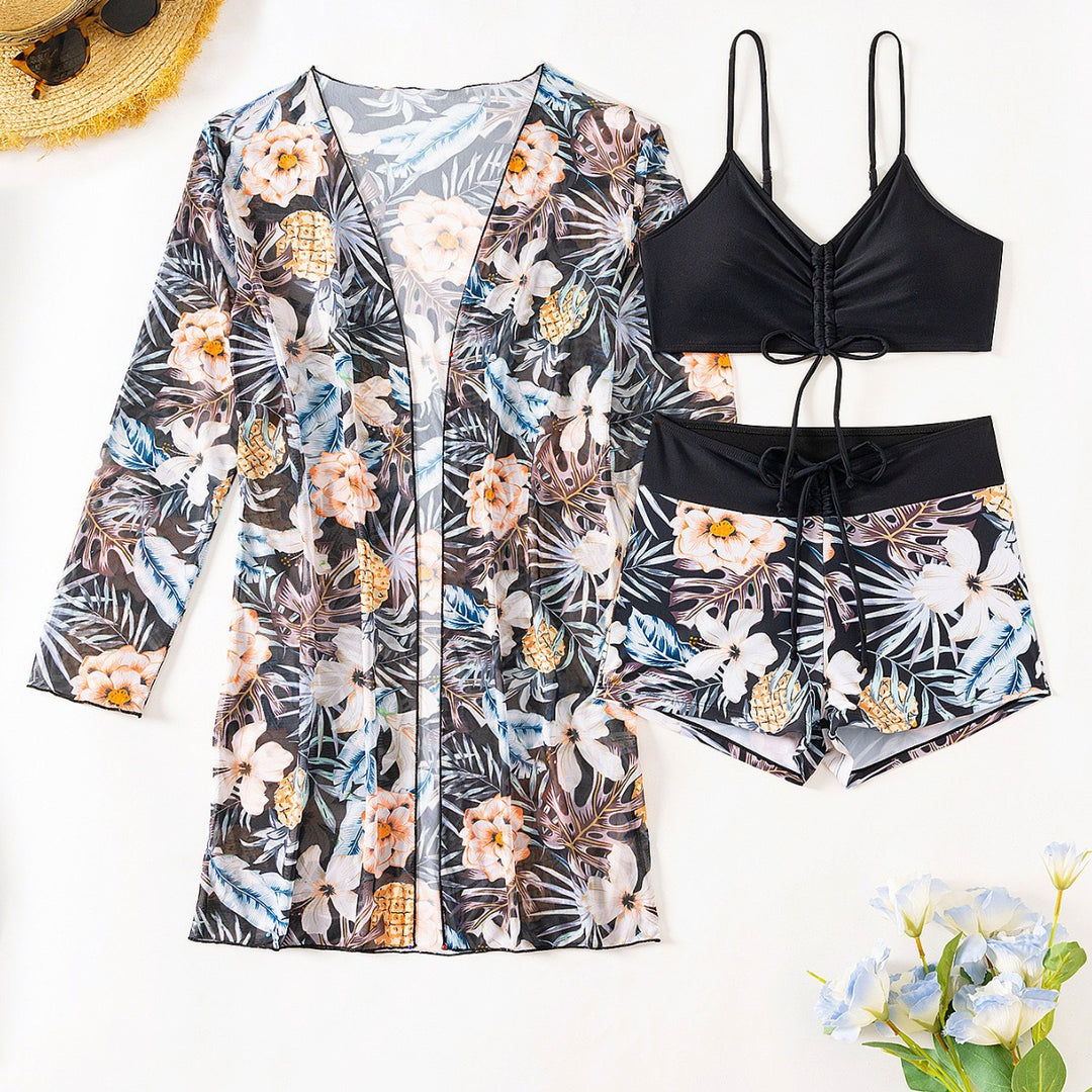 Dame Sommer Sæt med floral Kimono, sporty Bikini-top og Shorts Stilla