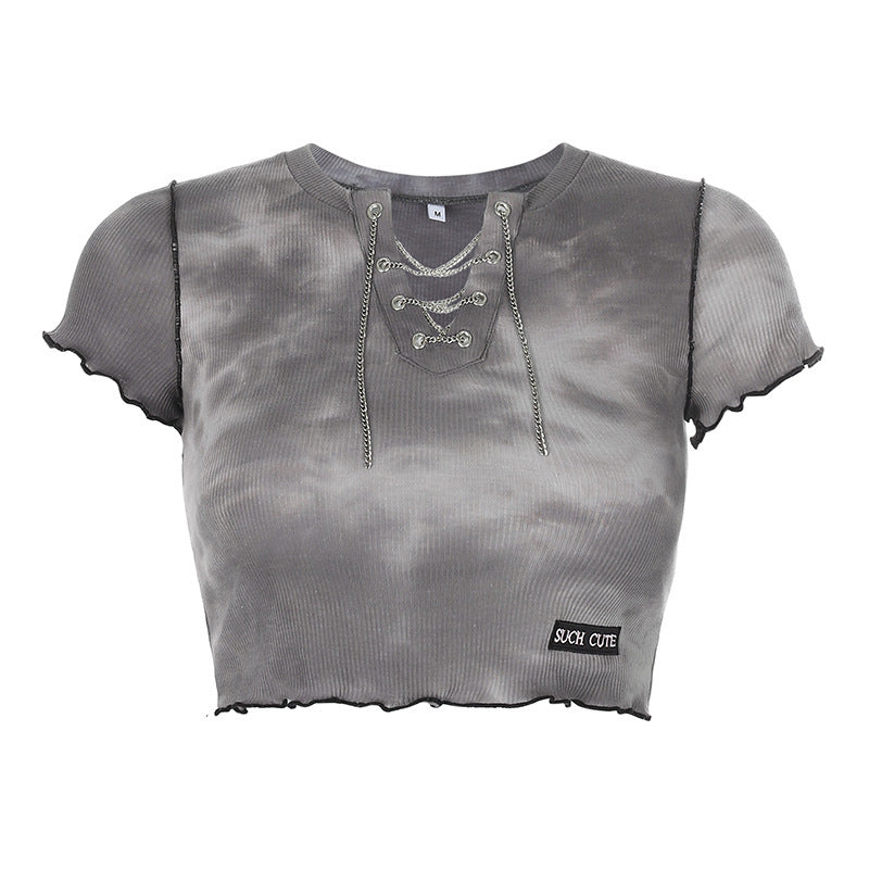 Dame cropped top med moderigtig snøredesign og afslappet kant Skovae