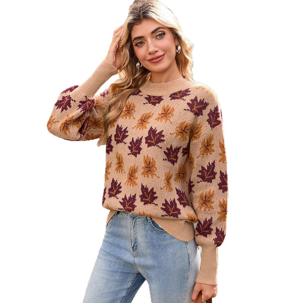 Damens strikket sweater med efterårsblad design Stilla