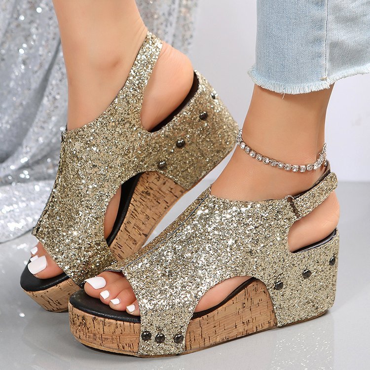 Dame Wedge-Pantoletten med glimrende glimmermateriale og anatomisk fodseng Stilla