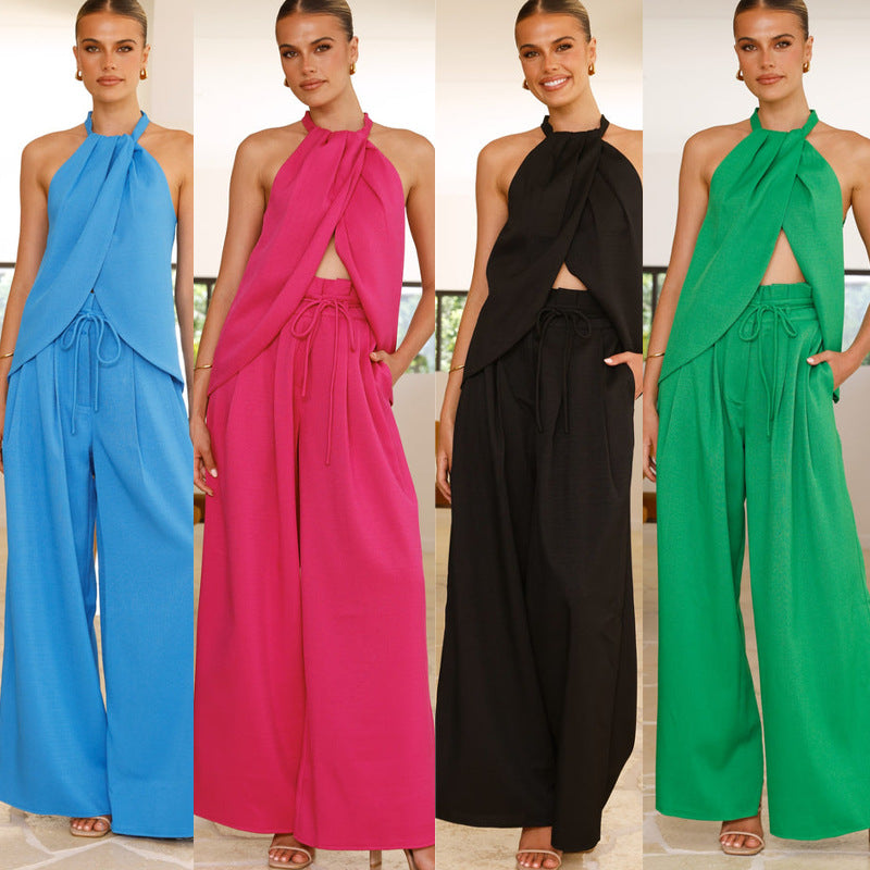 Kvinders luftige chiffon halterneck jumpsuit med elastisk talje snøre Stilla