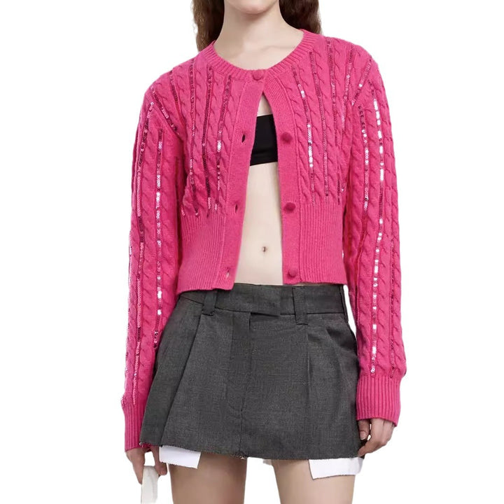 Dame moderigtig strik cardigan med glitrende paletter Stilla