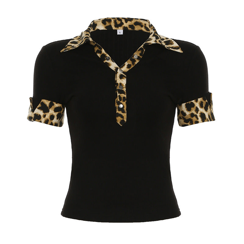 Dame polo t-shirt med leopardmønster-detaljer Skovae