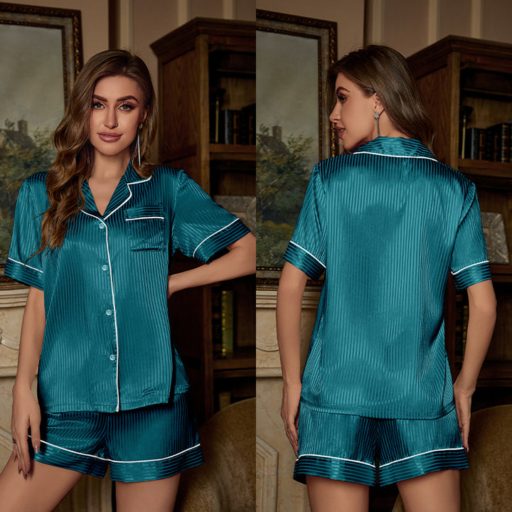 Dame Satin Pyjamasæt med stribet design og kontrasterende paspels Stilla