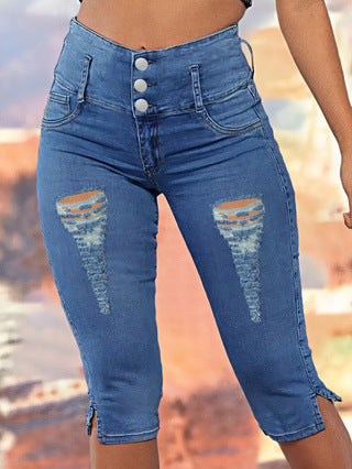 Dame Capri Jeans med højtaljet snit og modige riveskader Stilla