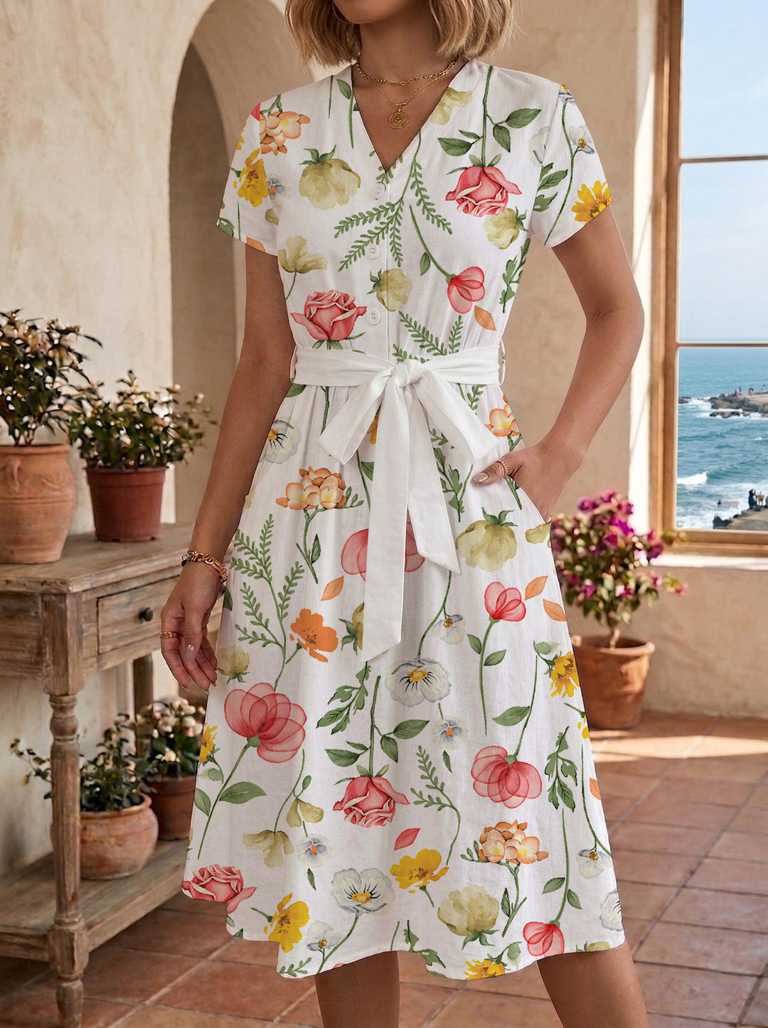 Dame midi kjole med blomsterprint og talje bælte Skovae