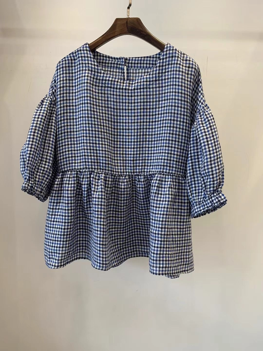 Dame Gingham Peplum-top med pufærmer Stilla