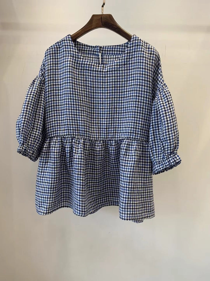 Dame Gingham Peplum-top med pufærmer Stilla
